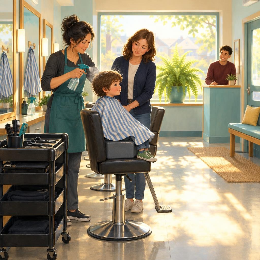 The hairdresser sprays a little water on my hair. Psst, psst. It feels cool and tickly. She combs my hair smooth.
