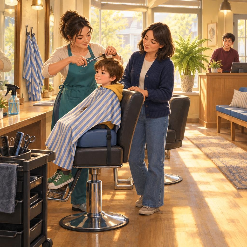 Next come the scissors. Snip, snip. Cutting hair does not hurt, like trimming fingernails. Many children feel a little nervous at their first haircut. That is okay.