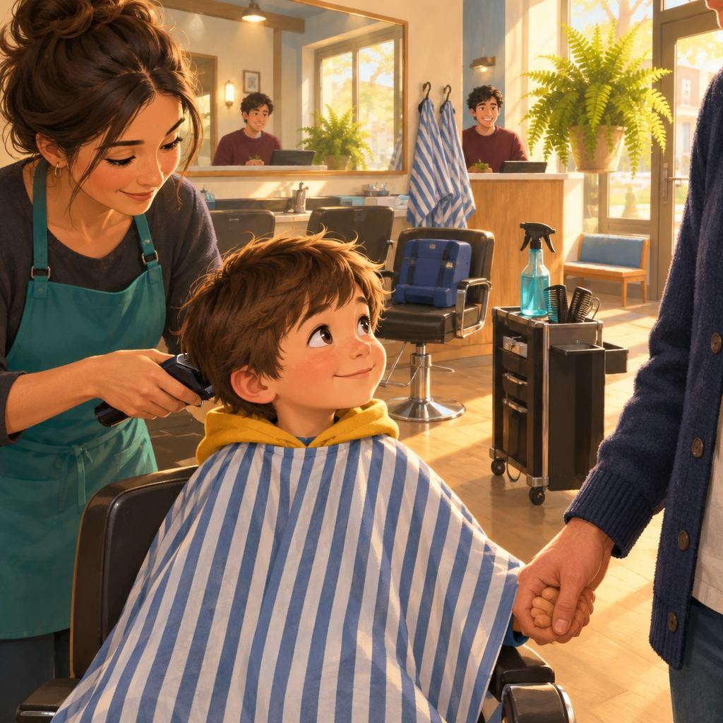 Sometimes the hairdresser uses clippers. They buzz, bzzz, like a tiny fan. The buzz can tickle near my ears. I can try holding my grown-up's hand and counting slowly to ten.