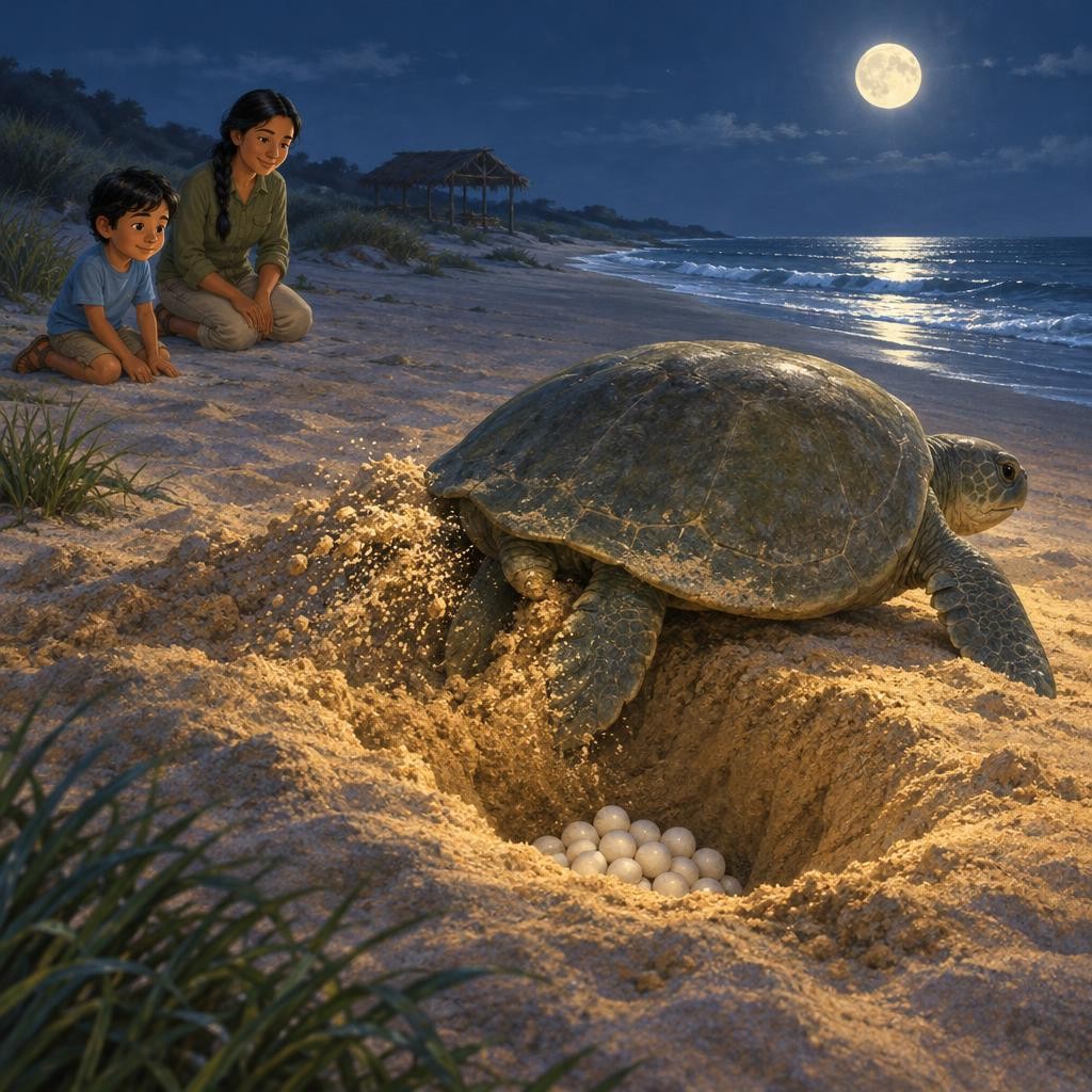 Al final de las huellas hay una tortuga golfina, grandota. Con sus aletas de atrás escarba un hoyo hondo en la arena: es su nido. Ahí pone muchísimos huevos, como cien. Son blandit