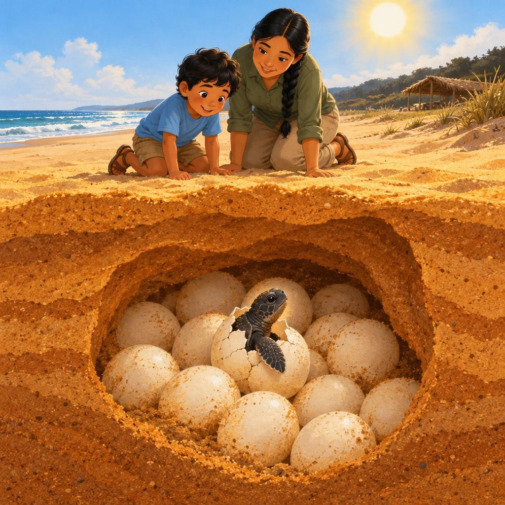 Pasan casi dos meses. Bajo la arena, el sol calienta los huevos de día, y adentro de cada uno crece una tortuguita. Cuando está lista, rompe el cascarón con un dientito especial qu