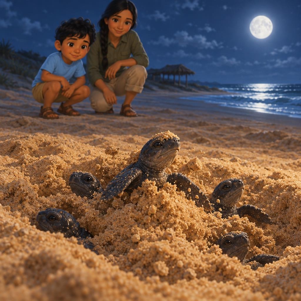 Las tortuguitas no salen una por una: escarban todas juntas hacia arriba, empujando la arena poquito a poco. Casi siempre esperan a la noche, cuando la arena está fresca. Y una noc