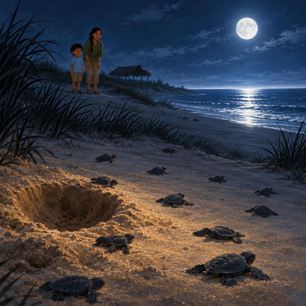 Las tortuguitas salen a la playa oscura. Son tan pequeñitas que cabrían en la palma de una mano, y nunca han visto el mar. De un lado, la luna brilla sobre el agua. Del otro lado e