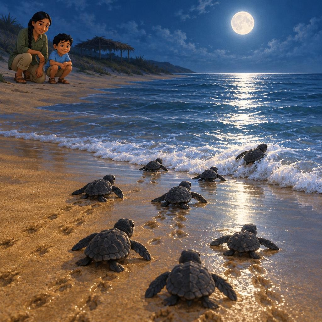 ¡Allá van! Las tortuguitas caminan hacia el mar, donde el cielo y el agua se ven más brillantes. Siguen la luz del horizonte, la línea donde el mar se junta con el cielo, y se alej