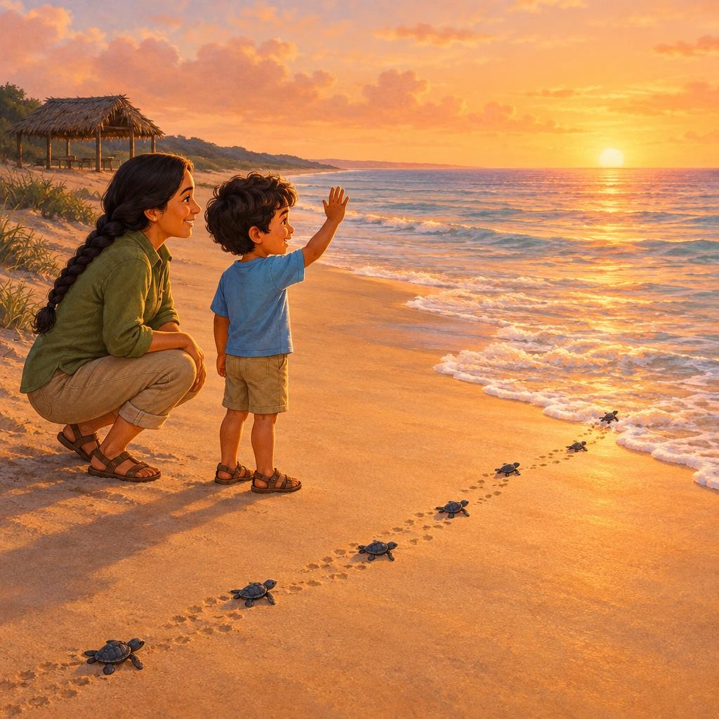 Esa noche, Emiliano entiende por qué en el campamento nadie prende linternas en la playa: así las tortuguitas encuentran solas la luz del mar. Ya sabe cómo nacen las tortugas marin