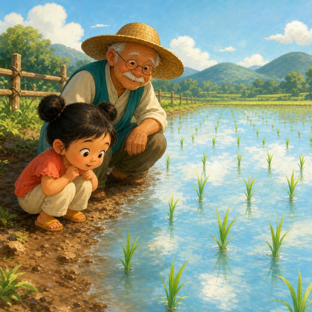Grandpa took Mila to a big flat field that shone like a mirror. Tiny green baby plants poked up through shallow water — baby plants like these are called seedlings. "The water tuck