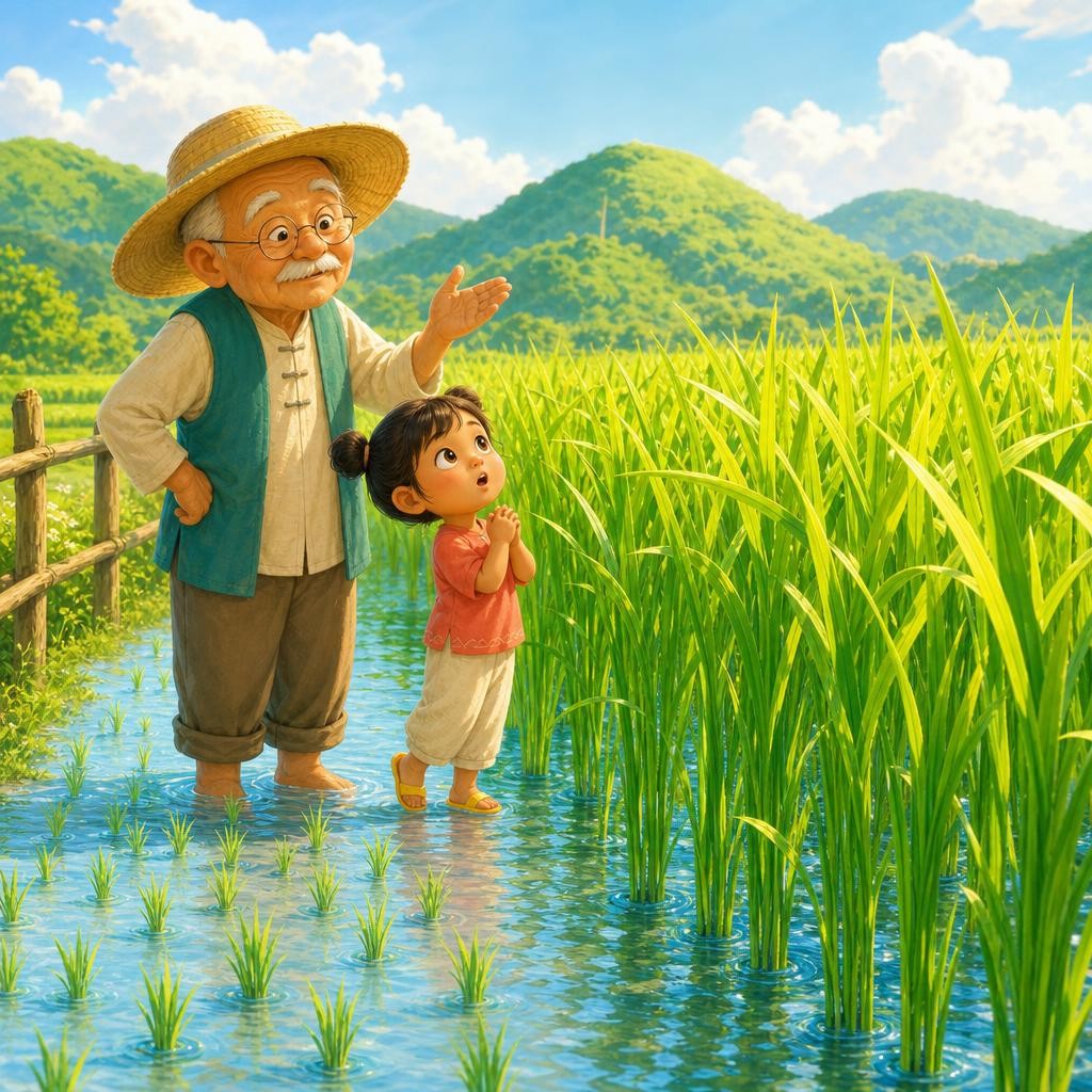 Weeks went by. The seedlings drank the water and stretched up tall, like green grass reaching for the sun. Mila looked at the big green field, and Grandpa asked, "When the rice is 