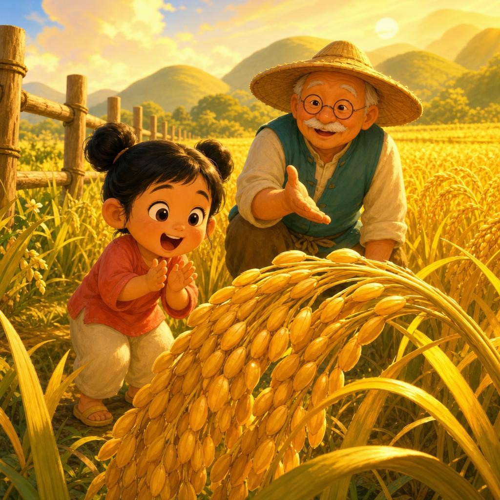 Gold! The whole field turned golden, like sunshine spilled everywhere. Each tall stalk bowed down low, heavy with hundreds of tiny bumps. "Those bumps are grains," said Grandpa. "E