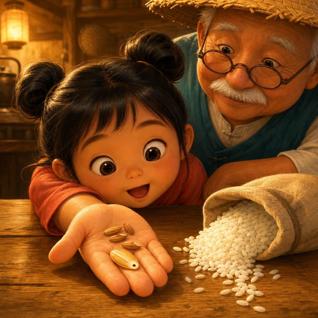 Back home, Grandpa opened a little jar of special grains — brown grains still wearing their little coats! "Look very close. See the tiny dot on each grain? That dot is where a whol