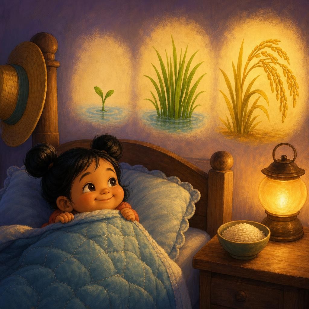 That night, Mila snuggled under her blanket, just like the seedlings under their water. First a baby seedling, then tall green grass, then a golden field bowing with grains. Mila w