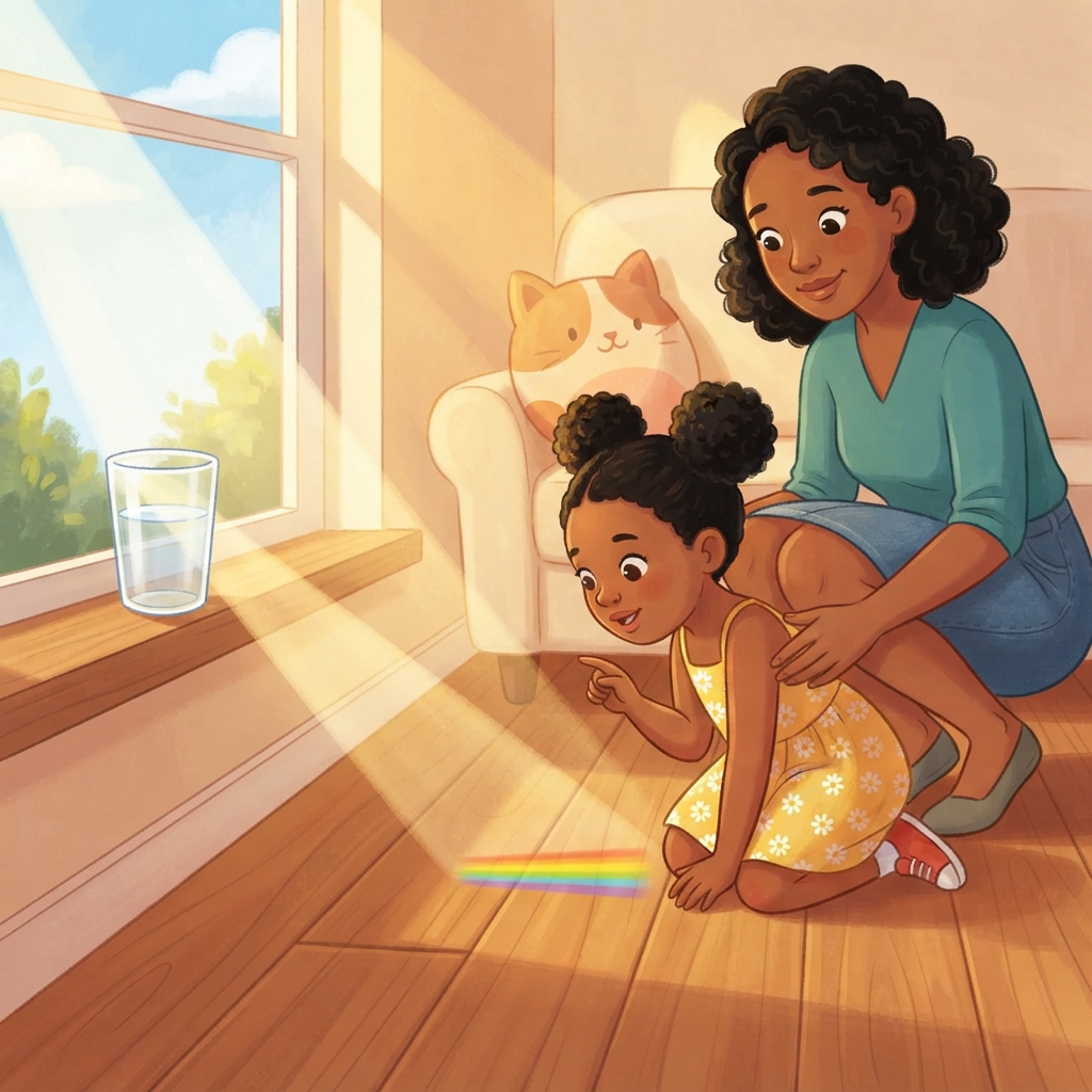 Back home, a sunbeam slips through the window and touches the water glass. Look — a tiny rainbow lands on the floor! White sunlight secretly carries every color inside.