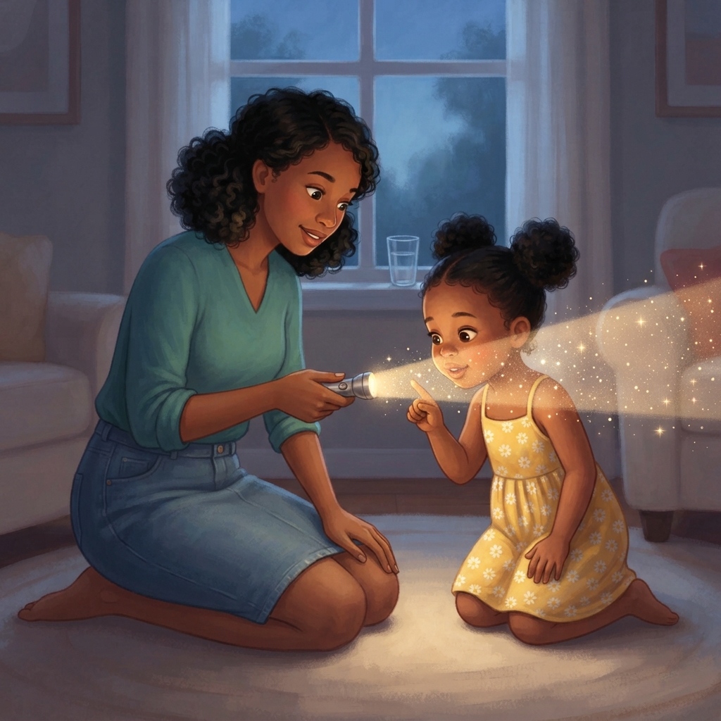 Mama shines her torch, and tiny dust bits bounce its light — that's why we can see the beam. The sky is full of tiny air bits too. They love to bounce the blue part of sunlight.