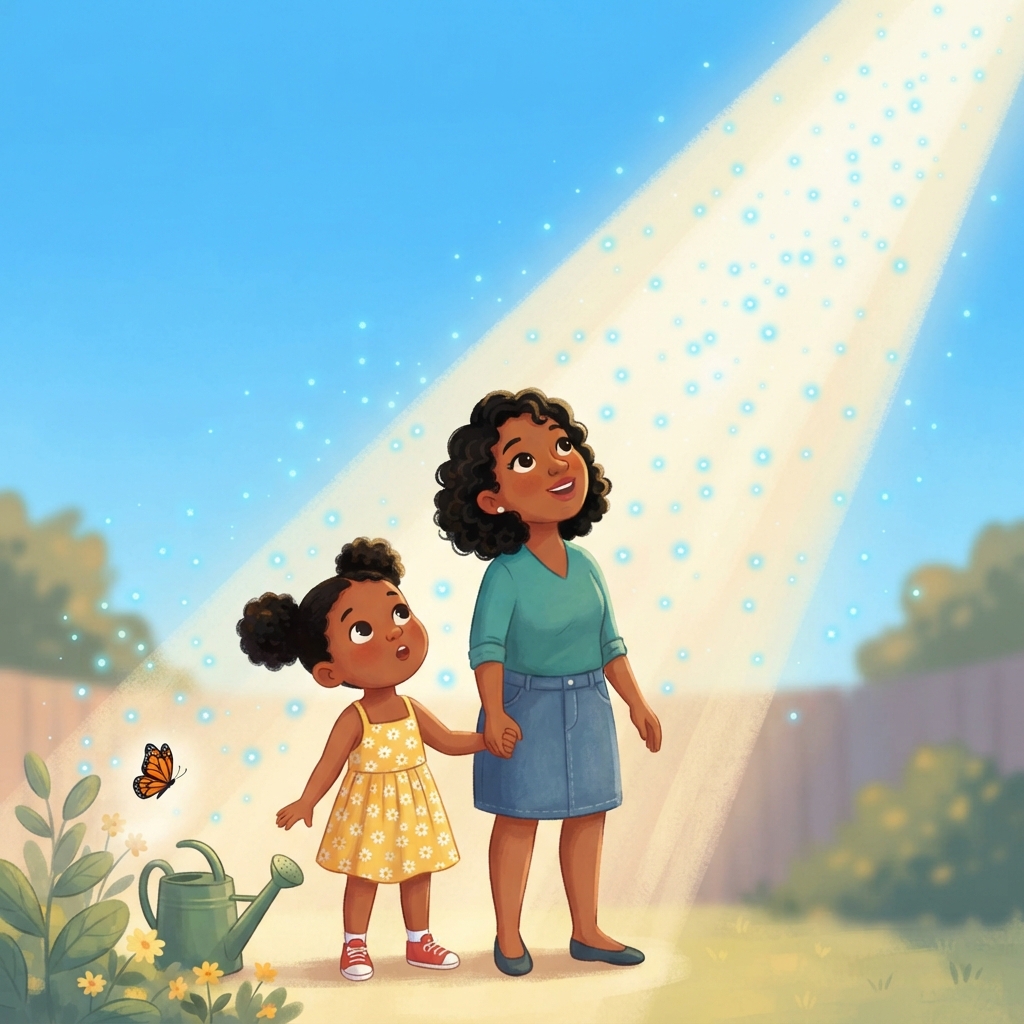Outside, sunlight pours into the sky. The tiny air bits begin bouncing the blue — up, down, all around. What color will fill the whole sky?
