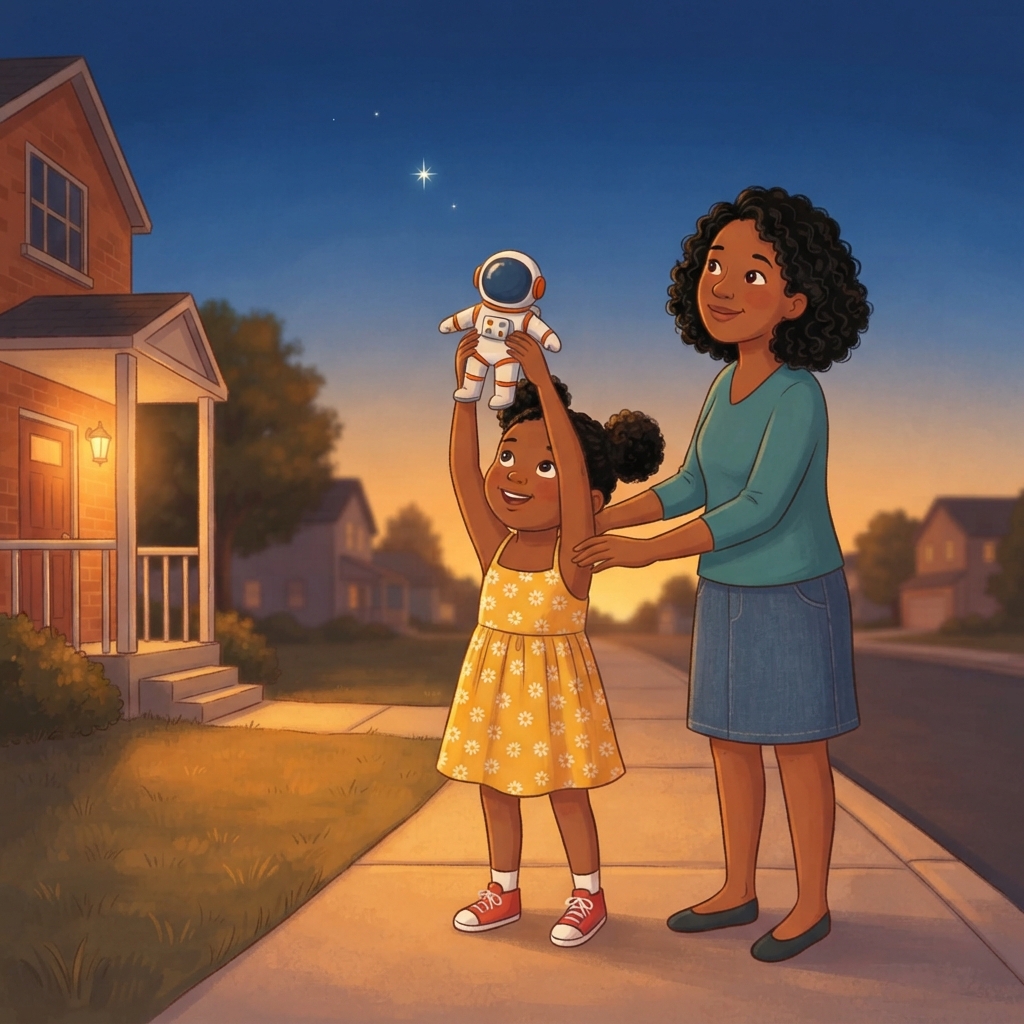 High above the air, astronauts see a black sky — there are no air bits up there to bounce the blue. Down here, our air paints the day blue for us. Say it with Mira: blue bounces be
