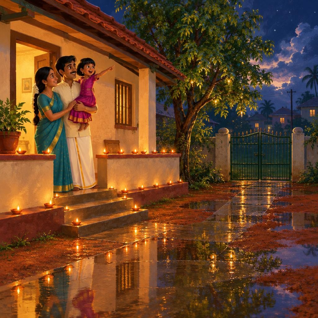 முற்றத்தில் தேங்கியிருந்த ஒவ்வொரு மழைக் குட்டையிலும் விளக்குகள்! வராண்டா விளக்குகள் எல்லாம் தண்ணீரில் இன்னொரு முறை மின்னின. மலர் எண்ணினாள். "மேலே இருபது… கீழே இருபது… நாற்பது விளக்