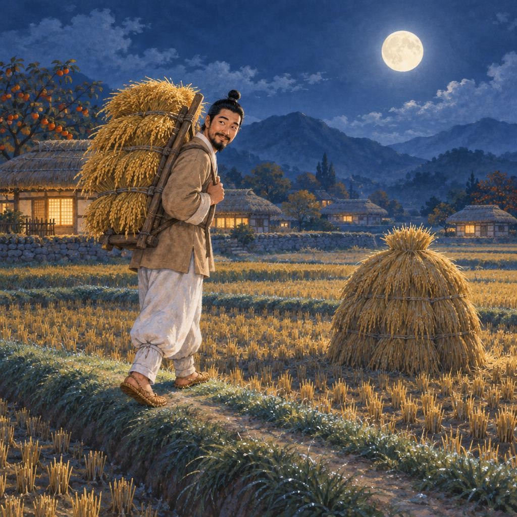 그날 밤, 형은 좀처럼 잠이 오지 않았어요. ‘아우는 이제 막 살림을 차렸으니 필요한 게 많을 텐데.’ 형은 살그머니 일어나 지게에 볏단을 한가득 실었어요. 그리고 달빛이 비추는 논둑길을 걸어가, 아우의 볏가리에 볏단을 몰래 얹어 놓고 돌아왔어요.