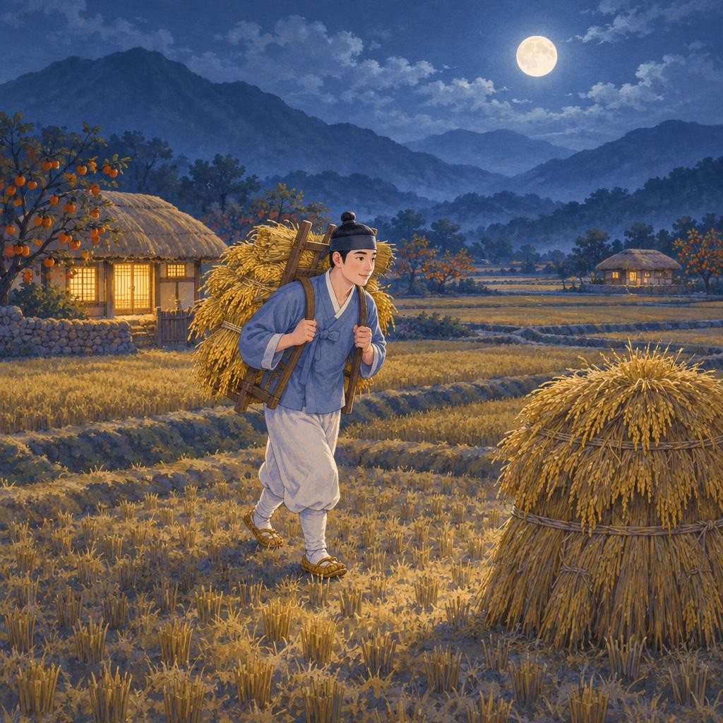 그런데 같은 밤, 아우도 이리 뒤척 저리 뒤척하고 있었어요. ‘형님네는 식구가 많으니 쌀이 더 많이 필요하실 거야.’ 아우도 살그머니 일어나 지게에 볏단을 실었어요. 그리고 형님의 볏가리에 볏단을 몰래 얹어 놓고 돌아왔지요.