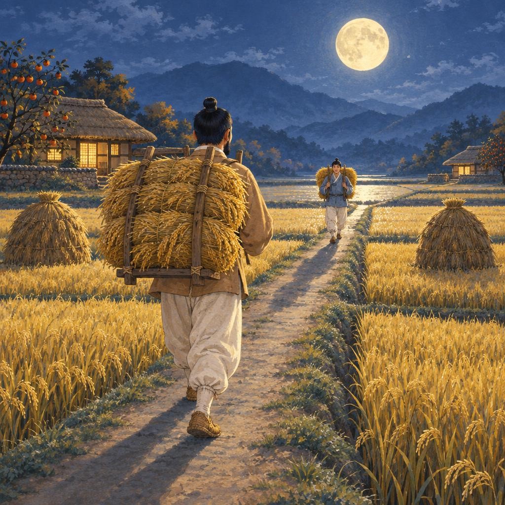 그날 밤에도, 그다음 날 밤에도 두 형제는 몰래몰래 볏단을 날랐어요. 그런데 아침마다 볏가리는 그대로였지요. 사흘째 되는 밤, 둥근 보름달이 환하게 떴어요. 형이 볏단을 지고 논둑길을 걸어가는데, 저쪽에서도 누군가 볏단을 지고 이쪽으로 걸어오는 게 아니겠어요?