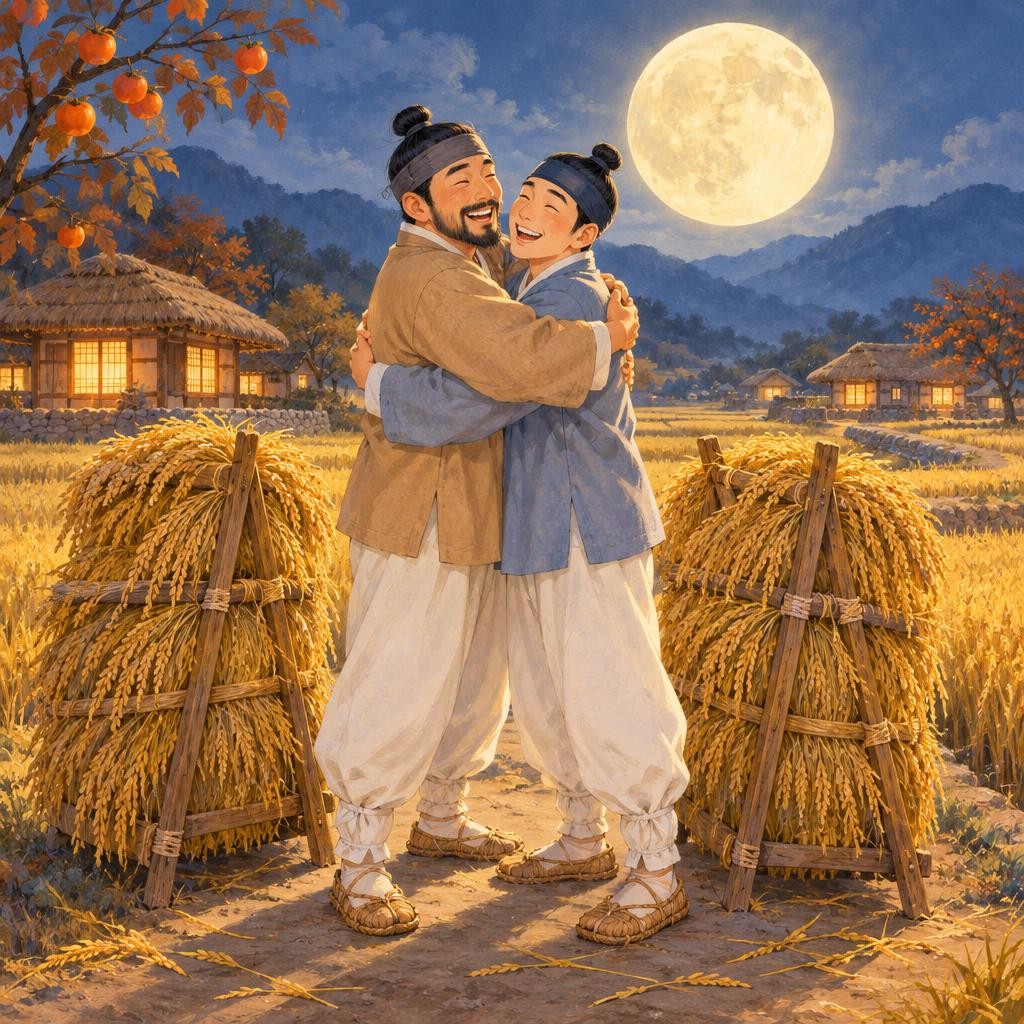 “아니, 아우 아니냐?” “형님!” 두 사람은 눈이 휘둥그레졌어요. 그러다 서로의 지게에 실린 볏단을 보고는 그만 웃음이 터졌어요. 볏가리가 왜 그대로였는지 이제야 알게 된 거예요. 형과 아우는 지게를 내려놓고, 서로를 꼭 끌어안았어요.