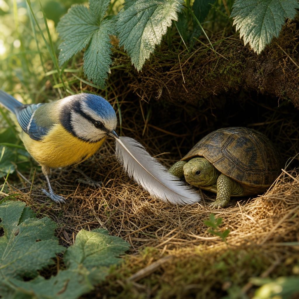 Soon Bird noticed Turtle resting in a chilly patch of shade. Bird carried over a soft fallen feather and tucked it into Turtle’s snug resting hollow. Who helped next? Bird did—and