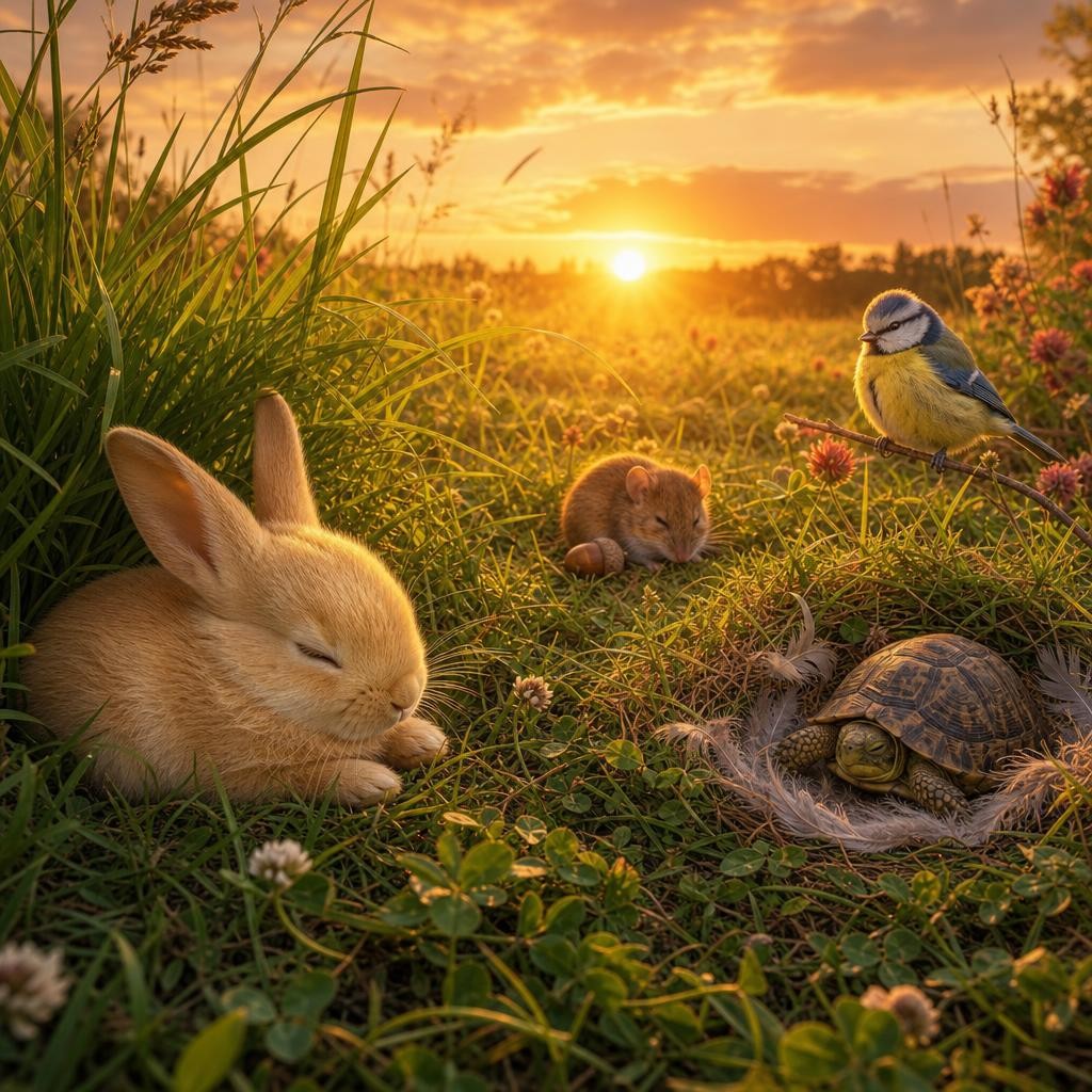 At golden sunset, Mouse, Bird, and Turtle rested peacefully across the meadow. Rabbit never knew how far her kindness had traveled. She hummed beneath the warm sky, happy simply be