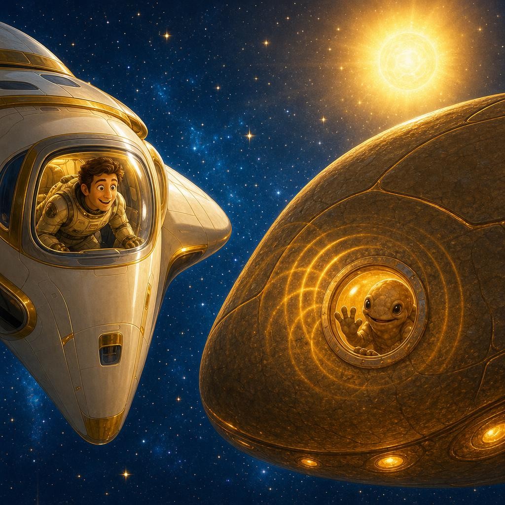 Grace flies to a faraway star that is not going dim, hoping it holds the answer. Floating nearby he spots something amazing — another spaceship, and it is not from Earth. Something