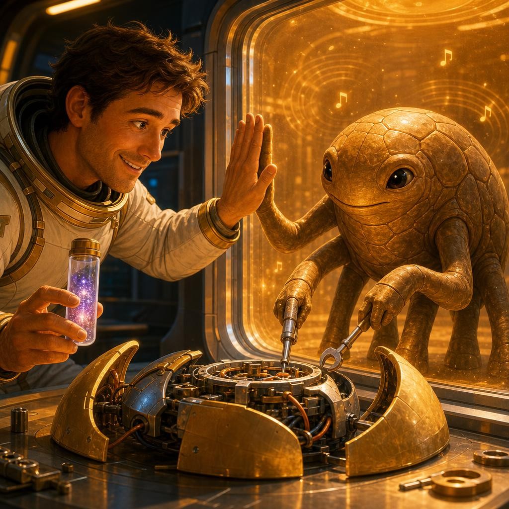 It's a friend! Out comes Rocky, an alien engineer — an engineer is someone who builds and fixes things. Rocky has five legs, breathes different air, and talks in musical notes, but