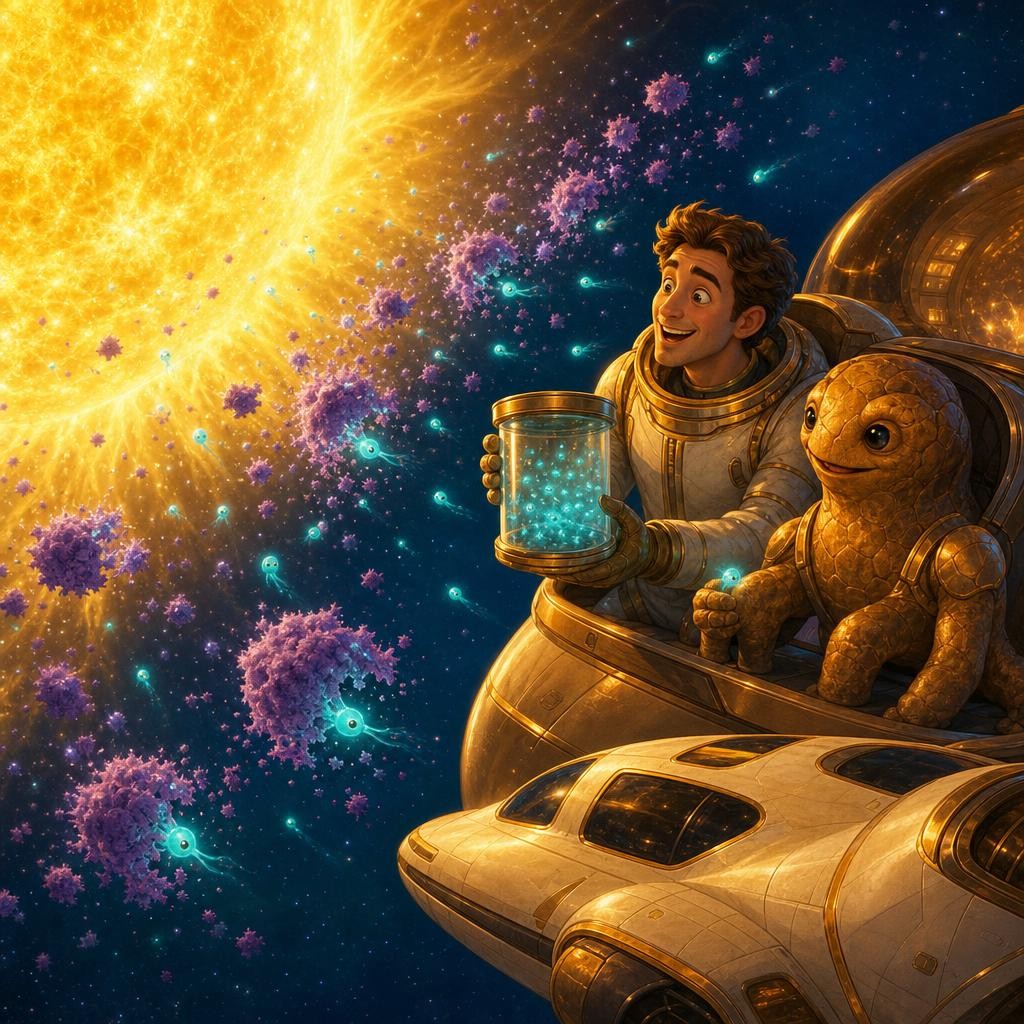 Then they find the real answer: near that bright star lives an even tinier microbe called Taumoeba — and Taumoeba eats Astrophage! Because the eater keeps the sippers away, that st