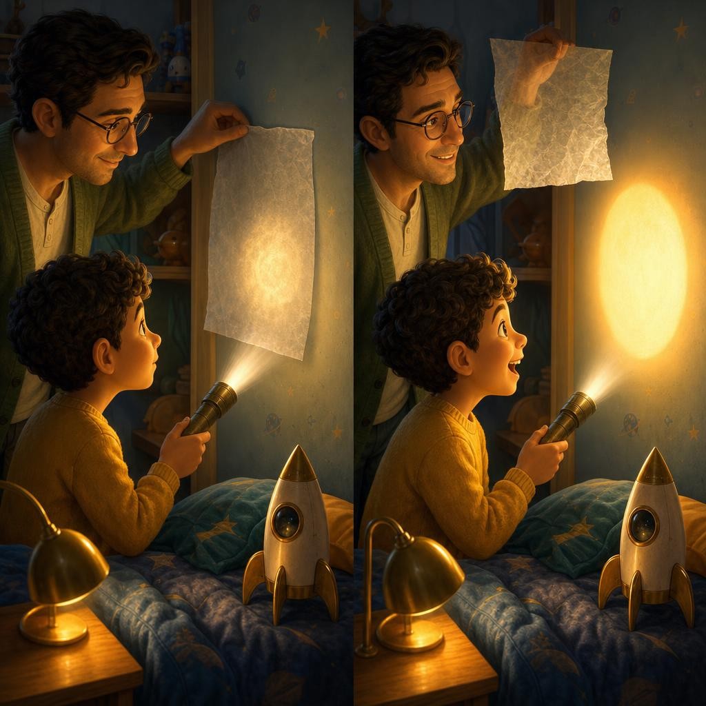 You can see the whole story's big idea with a grown-up tonight. Shine a flashlight at the wall, then lay wax paper over the beam and watch the bright spot go dim — that's Astrophag