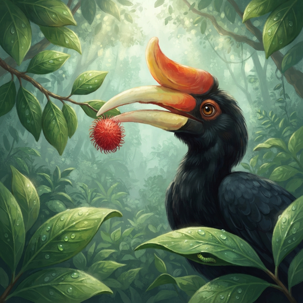 Di hujung dahan, Enggang ternampak sebiji rambutan merah. Baunya manis. Perutnya berbunyi, “Kruuk!” Namun Enggang teringat seorang sahabat yang sedang lapar. “Sebiji sahaja,” katan