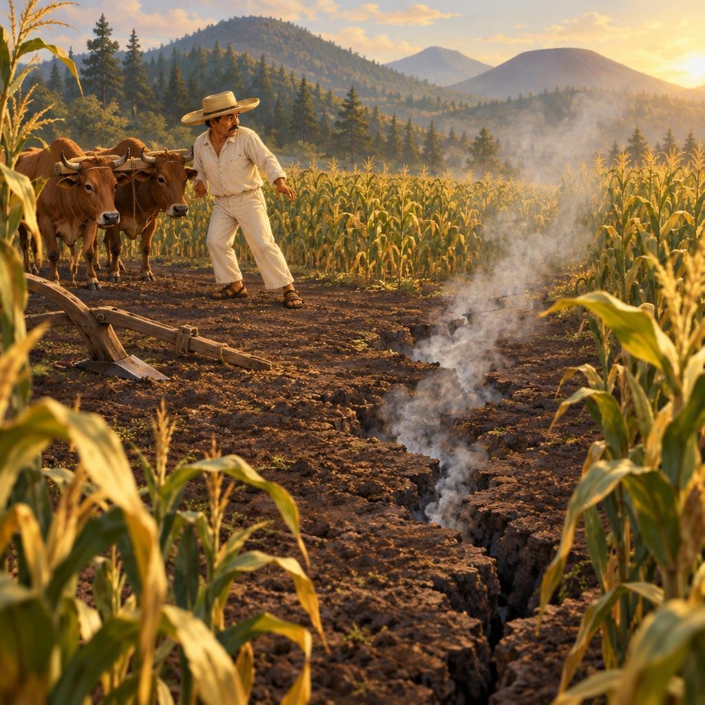 El abuelo cuenta lo que pasó el 20 de febrero de 1943. Don Dionisio Pulido trabajaba en su milpa cuando el suelo se levantó un poco y se abrió una grieta larga. De ella salía un si