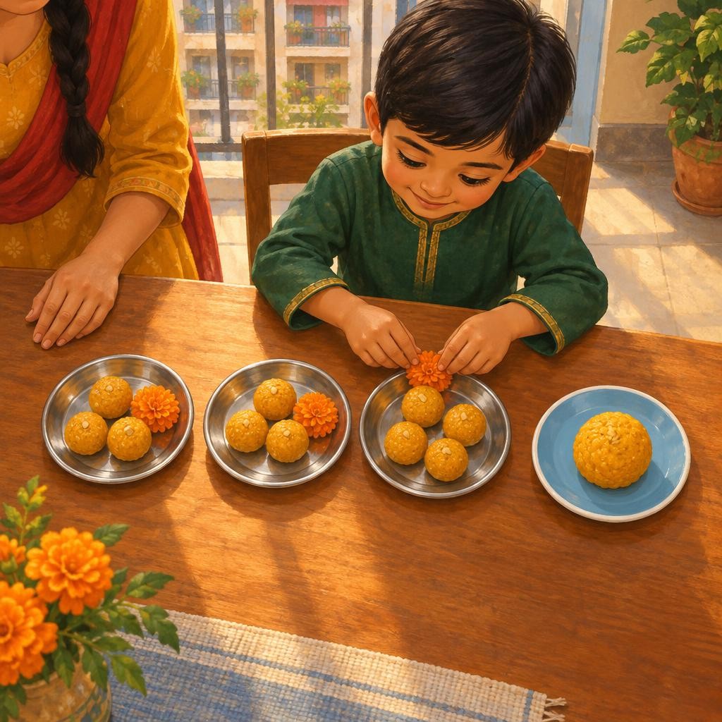 Ma set out three shiny plates. "At Diwali, we take sweets to our neighbors," she said. Kabir put three laddoos on each plate and tucked a marigold beside them. One plate for the tw