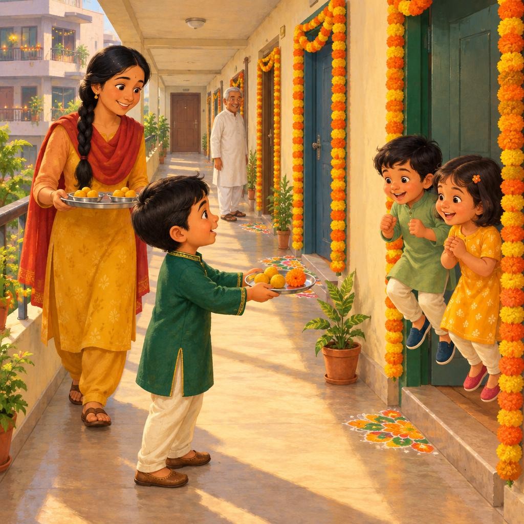Down the corridor they went. Knock, knock! "Happy Diwali!" The twins jumped up and down. Knock, knock! Mr. Iyer laughed and gave Kabir a high five. Knock, knock! Joseph Uncle said,