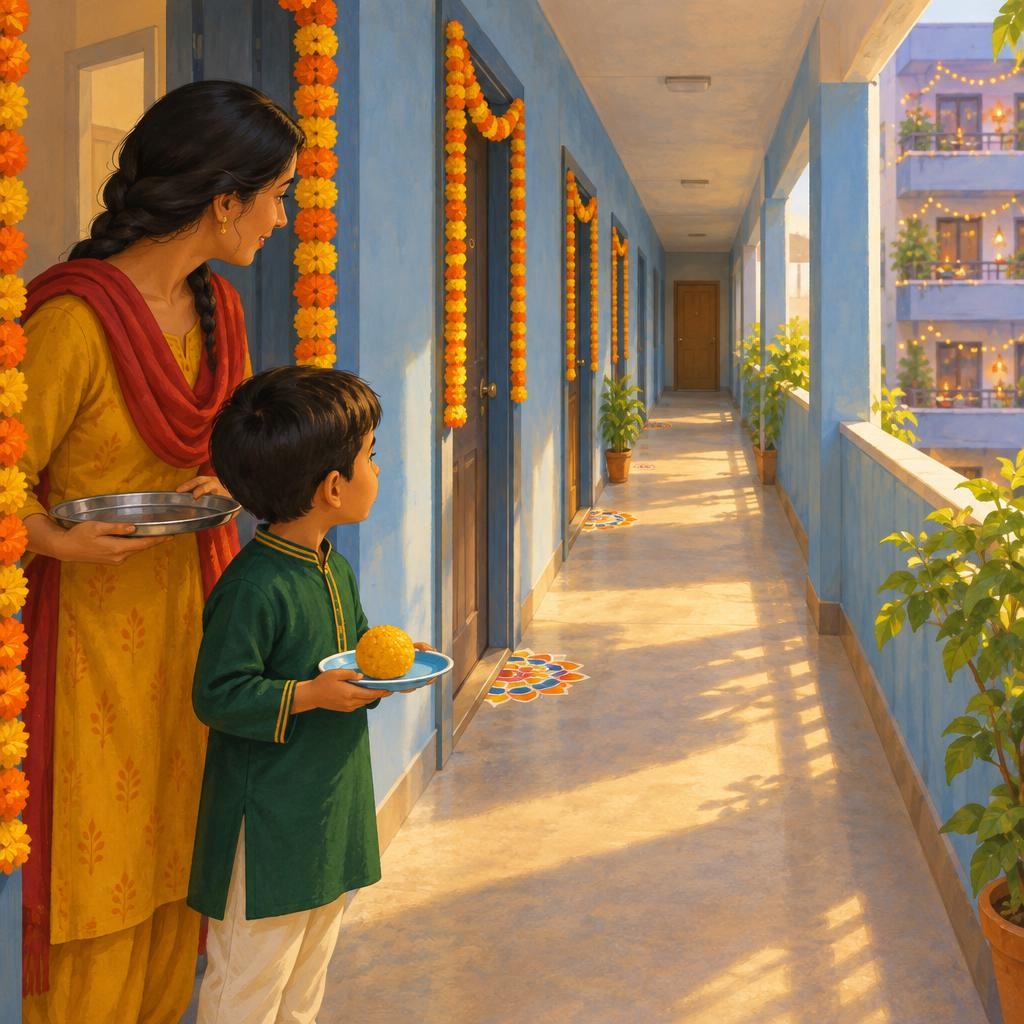 Back home, Kabir picked up his little blue plate. Then he stopped. At the very end of the corridor was one more door, with no lights and no rangoli. "Ma, we didn't make a plate for