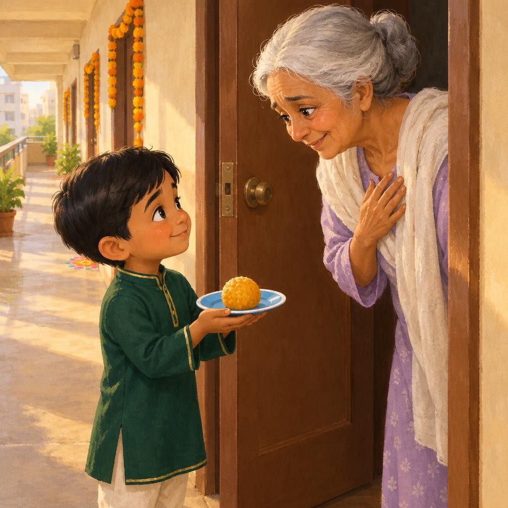 Kabir looked at his big laddoo. He thought about tomorrow. Tomorrow felt very far away. So he carried his blue plate all the way down the corridor. Knock, knock. The door opened sl