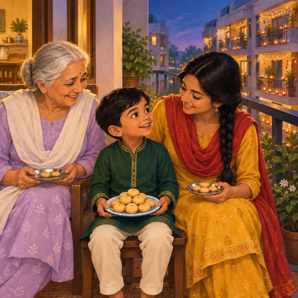 That evening, there was a knock at Kabir's door. It was Farida Nani, holding the little blue plate. It wasn't empty. It was piled high with her crumbly nankhatai biscuits. "In our 