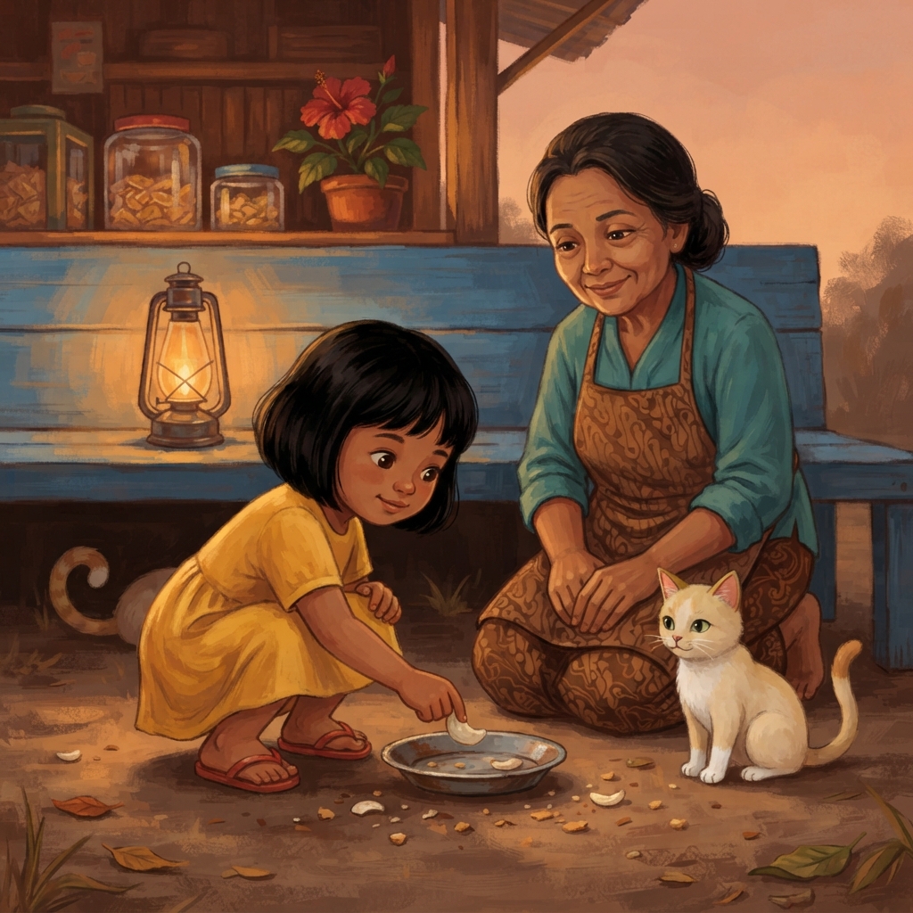 Lala hampir menggigit kerupuk bulan itu. Lalu ia melihat Mpus masih menunggu. “Yang ini untuk Mpus, boleh?” tanyanya. Bu Sari mengangguk. Lala meletakkan sepotong kecil di piring M