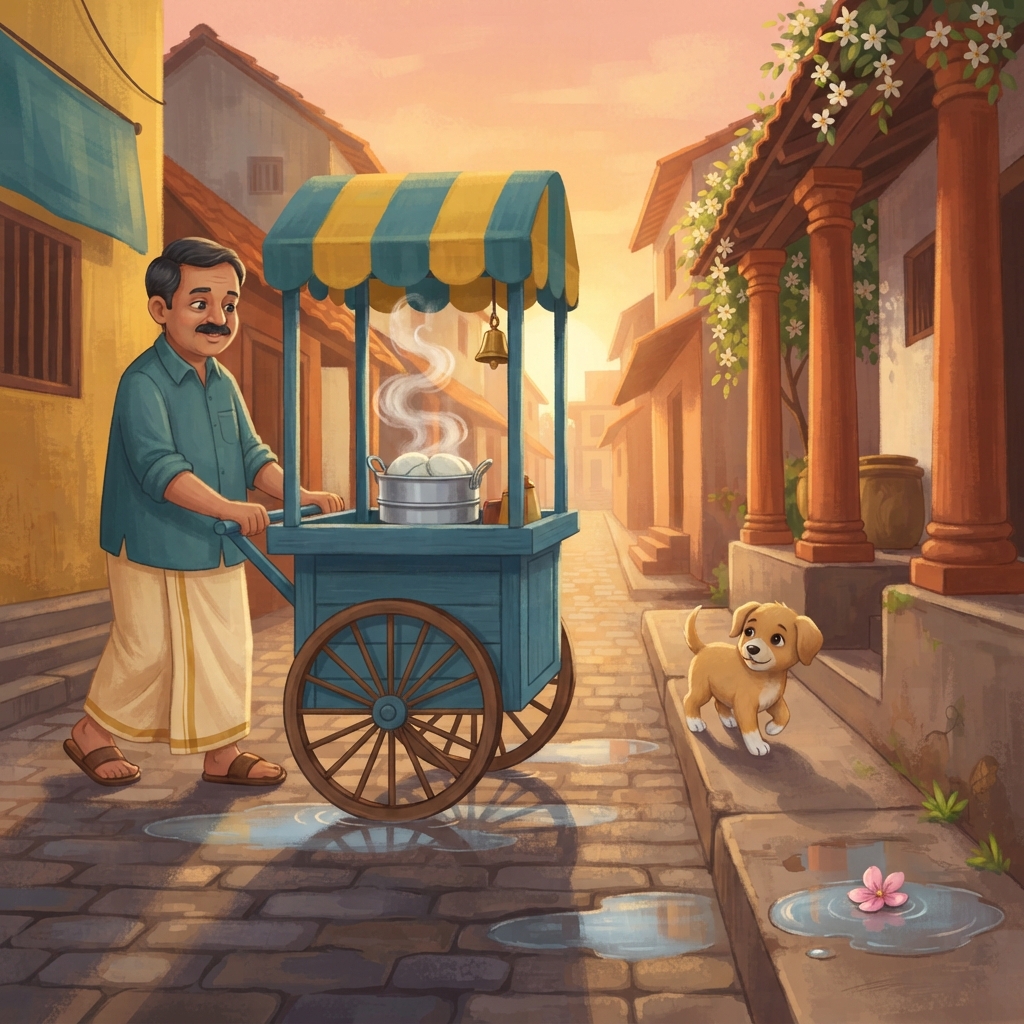 Blue இட்லி cart மெதுவாக உருண்டது. “டிங் டிங்!” என்று மணி பாடியது. குட்டி தூரமாக, ஓரமாக நடந்தது—சின்ன பாதங்கள், பெரிய வாசனை. Cart நின்றால் குட்டியும் நின்றது. Cart போனால் குட்டியும்