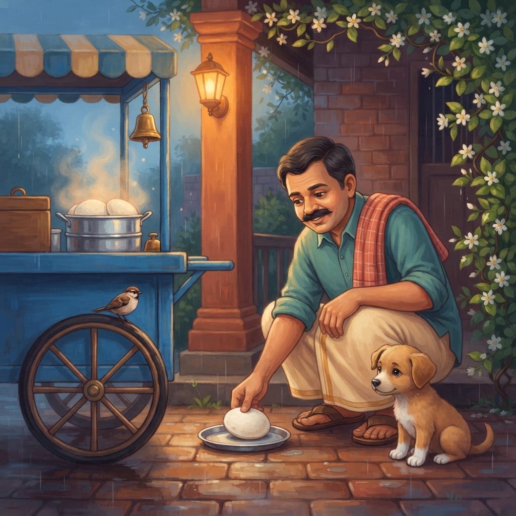 கடைசி வீட்டின் முன் cart நின்றது. இட்லி அண்ணா குட்டியைப் பார்த்தார். “அடடா, நீ இவ்வளவு தூரம் வந்தாயா?” அவர் ஒரு plain இட்லியை ஆறவைத்து, சுத்தமான தட்டில் தூரமாக வைத்தார். குட்டி காத