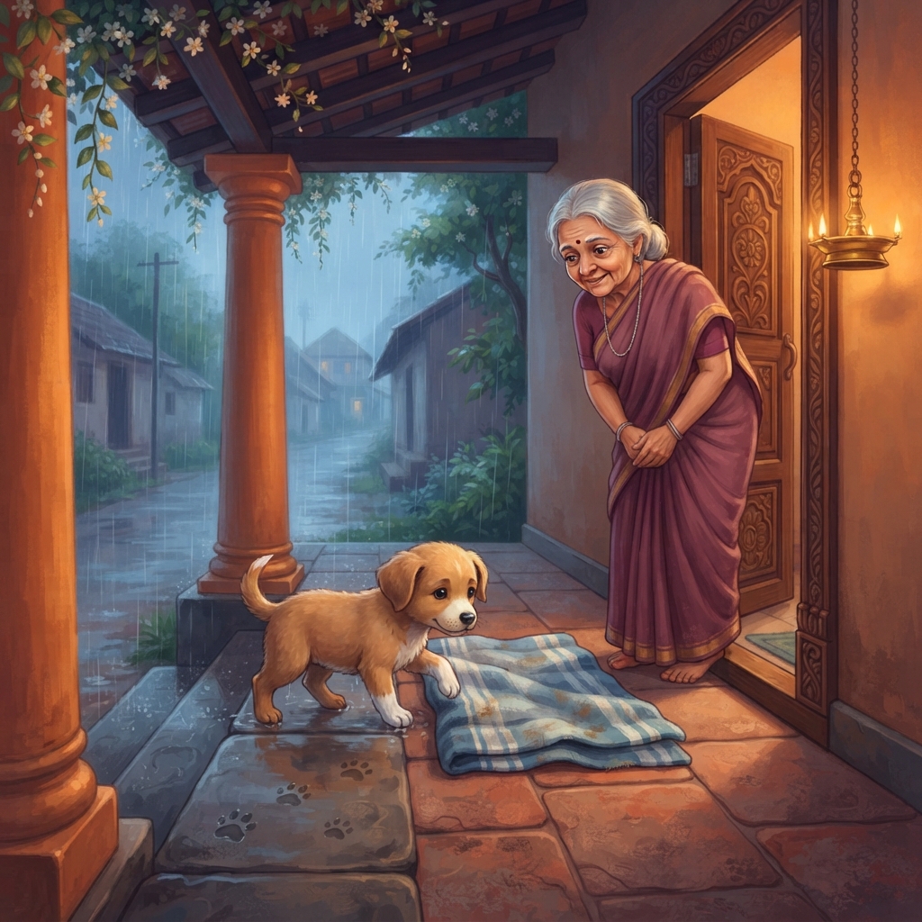 டிப்… டிப்… மழை ஆரம்பித்தது. Jasmine வராண்டாவிலிருந்து ஒரு பாட்டி பார்த்தார். “பாவம், குட்டி நனையக் கூடாது,” என்றார். அவர் பழைய towel-ஐ உலர்ந்த மூலையில் விரித்தார். குட்டி மெதுவாக 