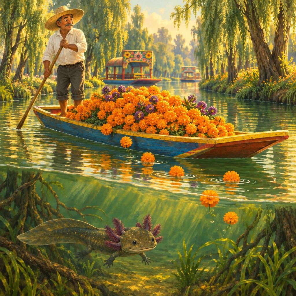 Esa tarde, pasó por el canal una canoa llena de cempasúchil. Don Chema, el chinampero, la empujaba despacio con su palo largo. La canoa iba tan llena, tan llenita, que de pronto...