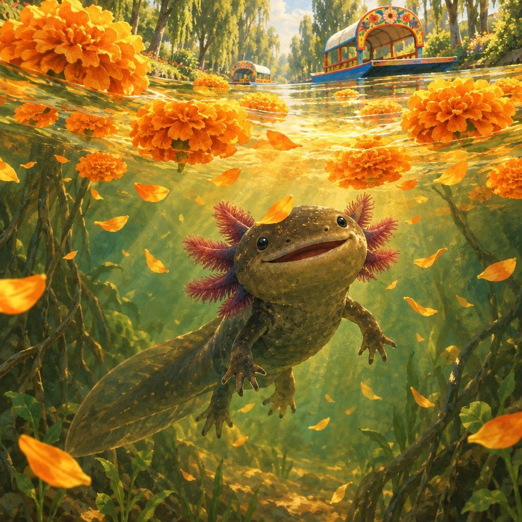 Lalo subió a ver. Sobre el agua flotaban flores y pétalos anaranjados, como barquitos de sol. La luz de la tarde pasaba entre ellos y pintaba el agua de color naranja. Lalo nadó en