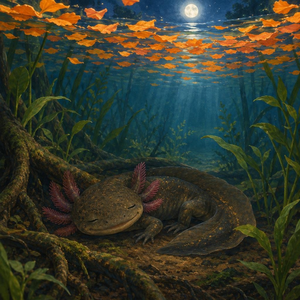 Cuando llegó la noche, Lalo bajó a su rincón del fondo. Arriba, los pétalos cubrían el agua como una cobija anaranjada. —Buenas noches, flores —dijo Lalo. Y se durmió sonriendo, ba