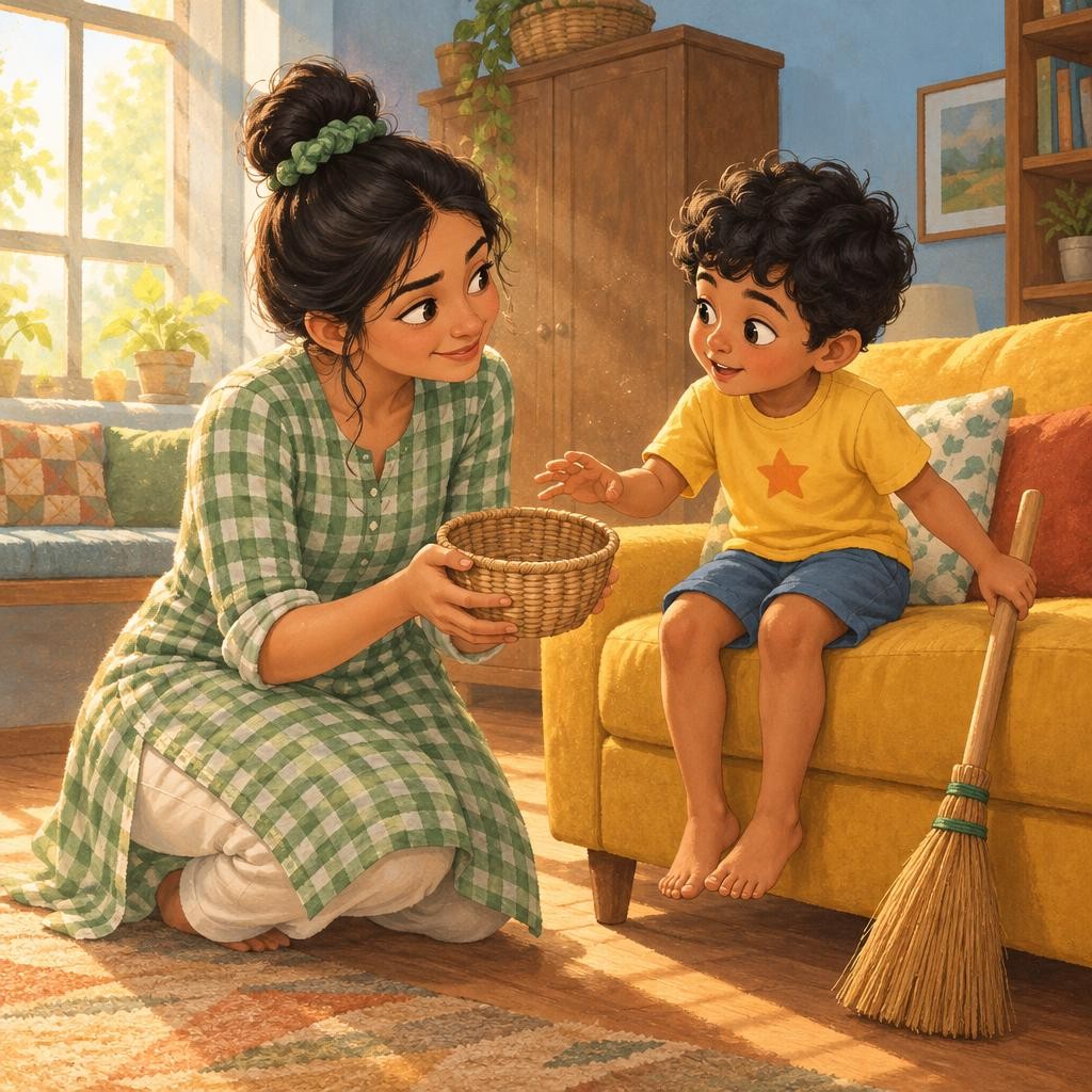 "Before Diwali, we clean every corner," said Mum, "so the whole house is fresh and ready for the festival. And do you know what? Corners hide treasures." She gave Arjun a little ba