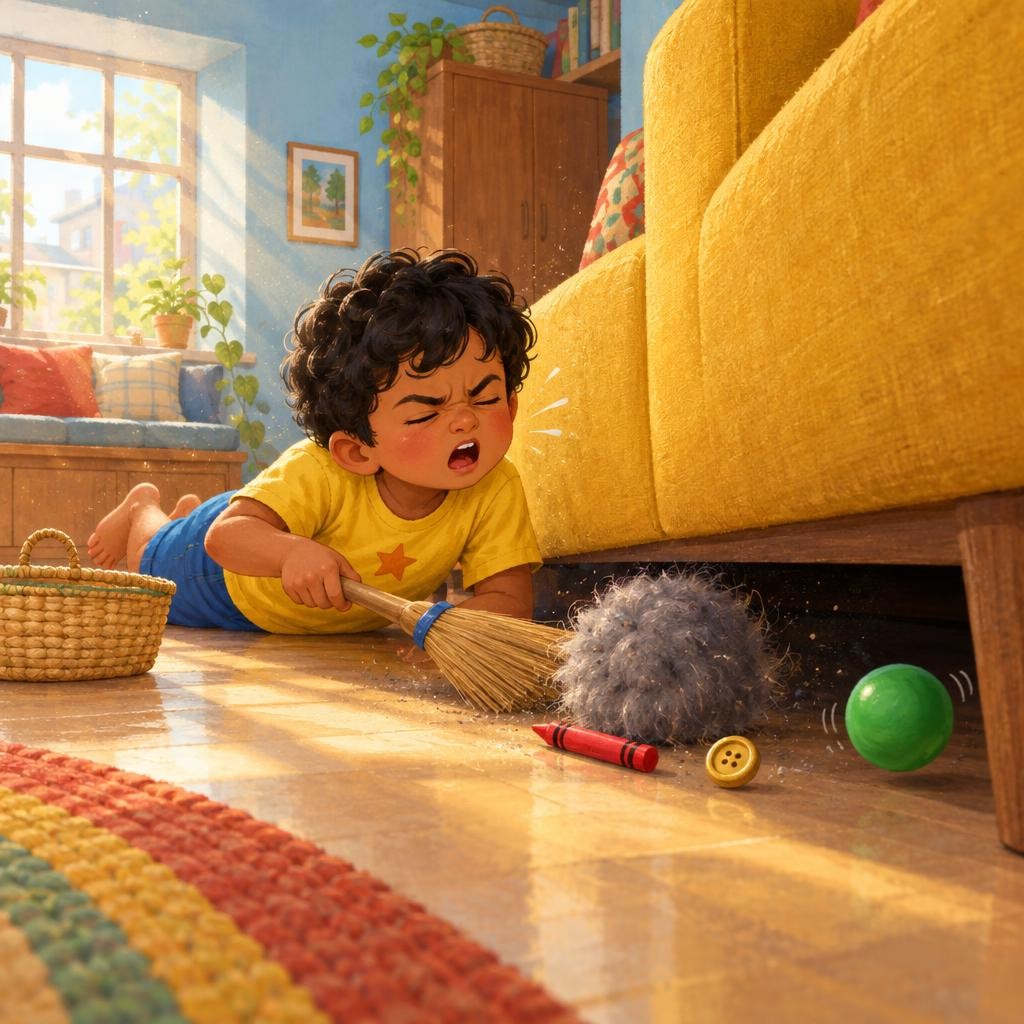 Swish went the broom under the sofa. Out rolled a fluffy dust bunny… Achoo! Then a red crayon. A shiny gold button. A bouncy green ball! "Treasure!" shouted Arjun. Into the basket
