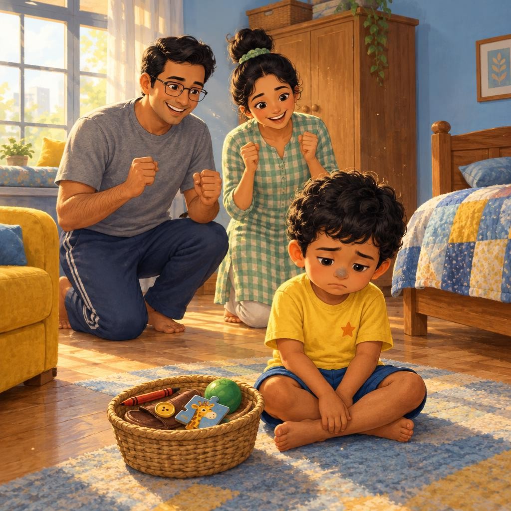 Under the bed, Arjun found Papa's lost slipper. Behind the toy box, he found a puzzle piece with a giraffe's head on it. Papa cheered. Mum cheered. The basket was nearly full. But