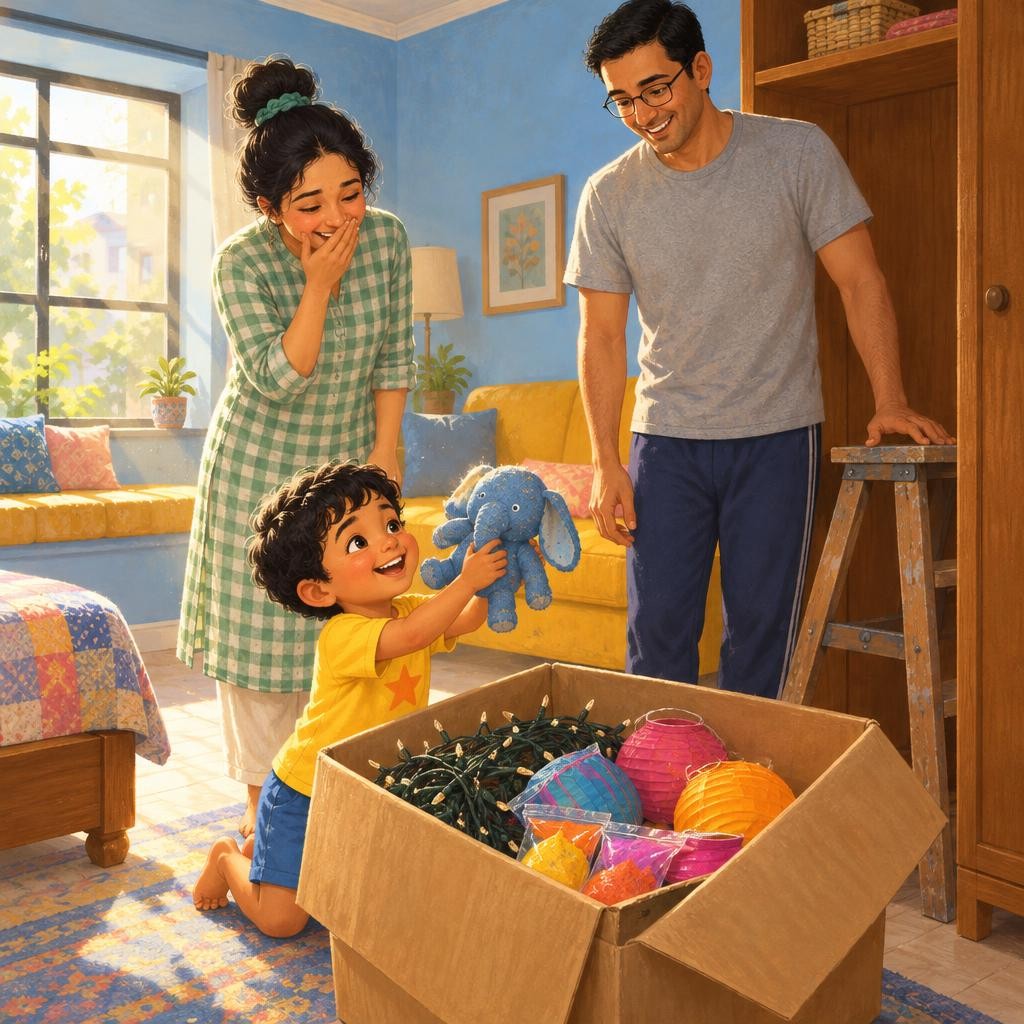 "One last corner," said Papa. He climbed the step stool to reach the very top shelf, and Arjun waited at the bottom, holding the basket. Down came the big Diwali box. They opened t