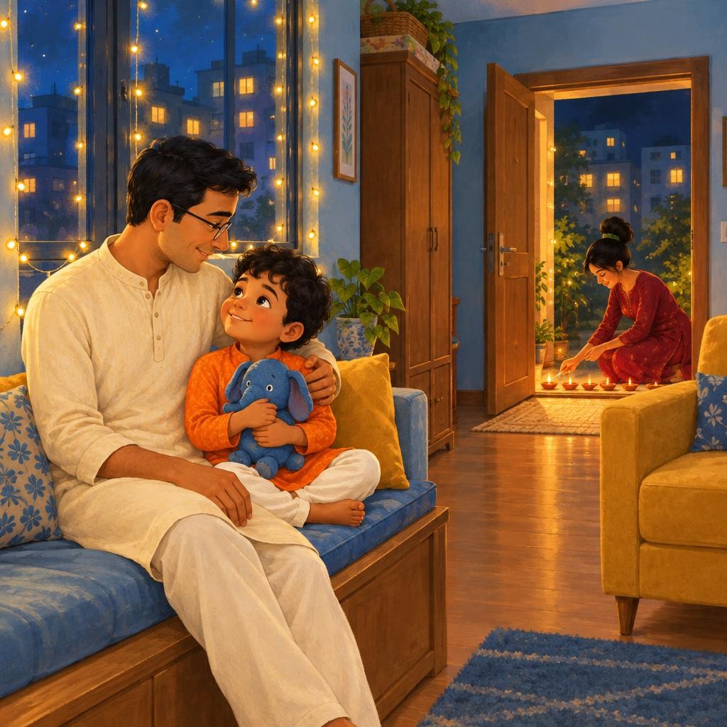 The next night was Diwali, and the whole house sparkled. Papa had his slipper back. The giraffe was back in its puzzle. Little lights twinkled in every window. Lighting diyas is a