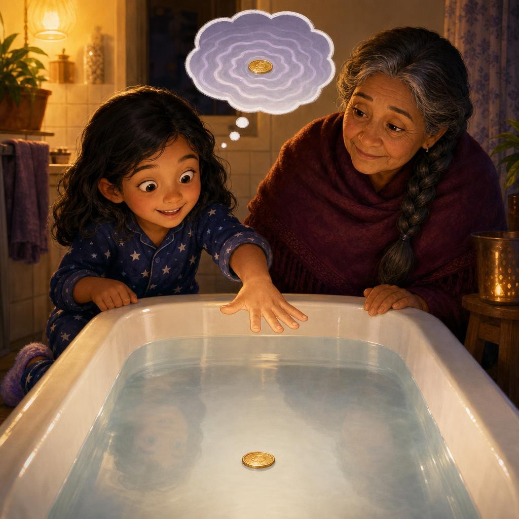 Bath-time game! A coin rests at the bottom of the tub. When the water is still, the coin looks still. What happens to the coin when you gently swish the water?