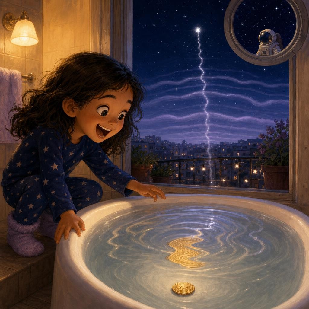 The coin seems to wobble and dance — but it never moved! Swishing water bends the light on its way to your eye. Wiggly air does the same to starlight: nudge, nudge — wink, wink. Th